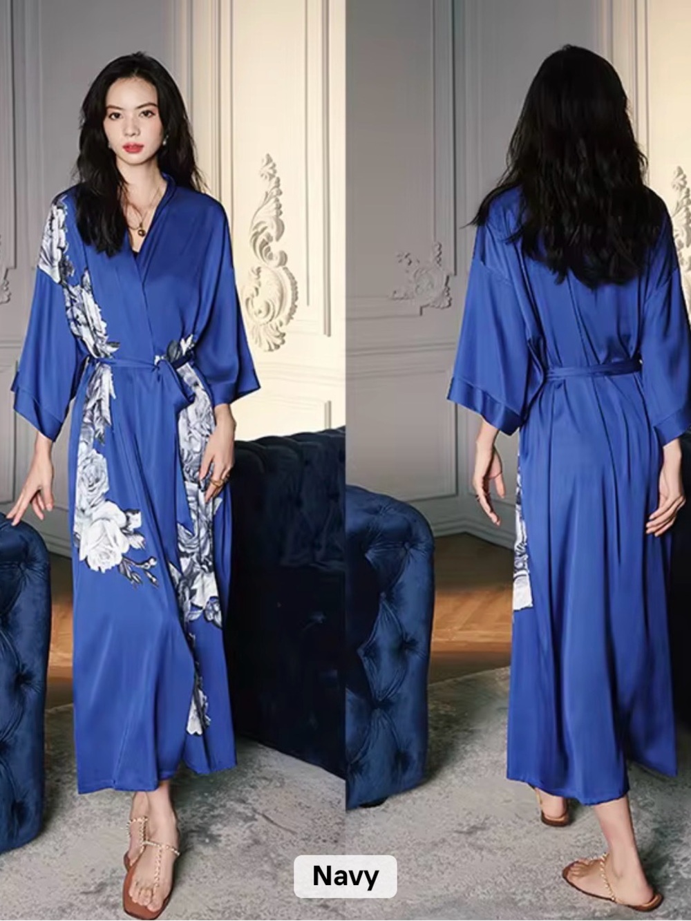 Navy Floral Silky Kimono Robe - Women Intimates & Sleepwear